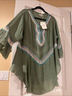 Miracle Olive Green Crochet-Trim Boho Tunic
